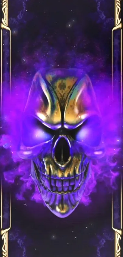 Glowing skull design with purple haze on a dark background.