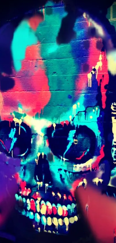 Colorful skull graffiti art on a wall, vibrant and edgy design.