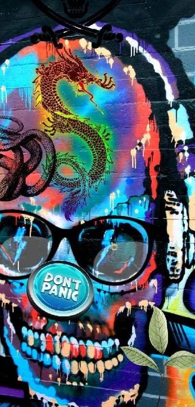 Vivid skull graffiti art with colorful dragons and text.