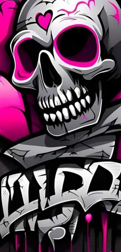 Neon pink and black skull graffiti wallpaper with urban art style.