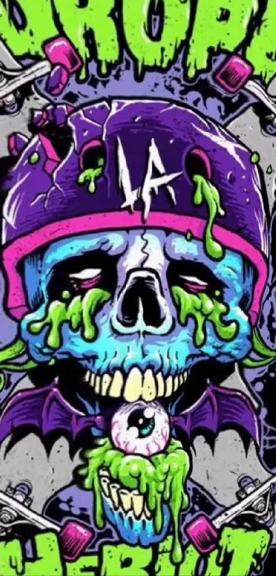 Vibrant graffiti skull art with bold colors.