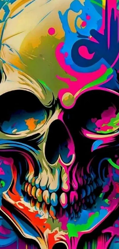 Vibrant neon skull graffiti wallpaper, perfect for bold mobile screens.