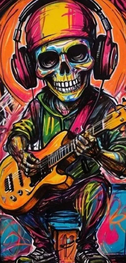 Vibrant skull playing guitar with graffiti art style on wallpaper.