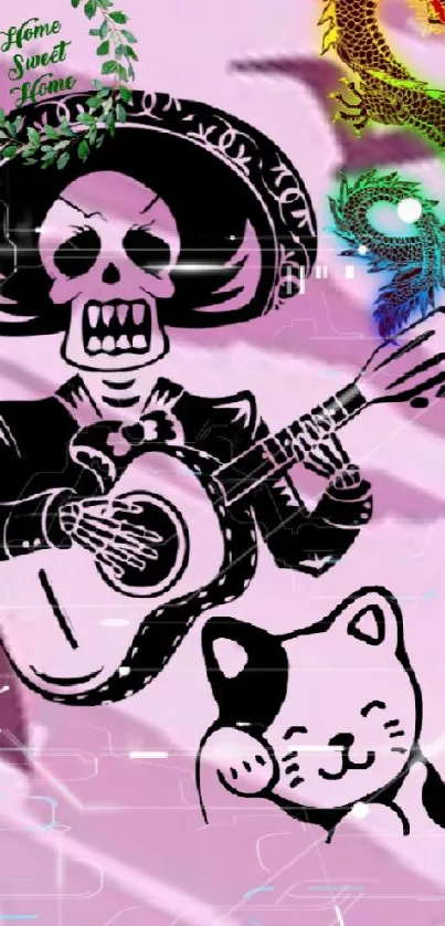 Vibrant pink wallpaper featuring mariachi skull and playful cat.