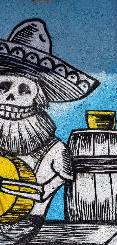 Colorful skull guitarist mural in vivid street art style.