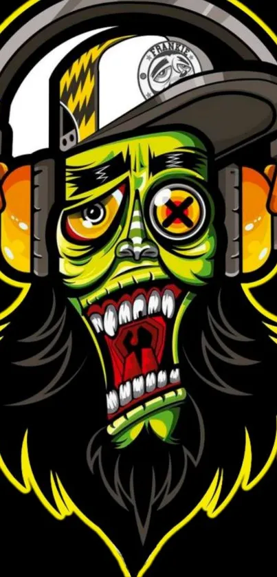 Illustration of a vibrant zombie with headphones on a black background.