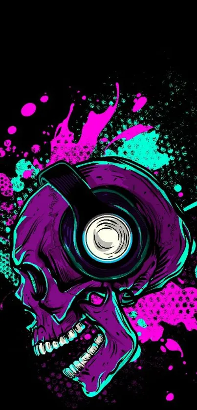 Vibrant skull with headphones in neon colors on a black background.