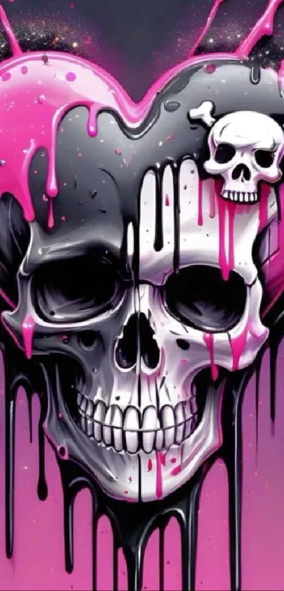 Heart-shaped skull art with vibrant pink drips.