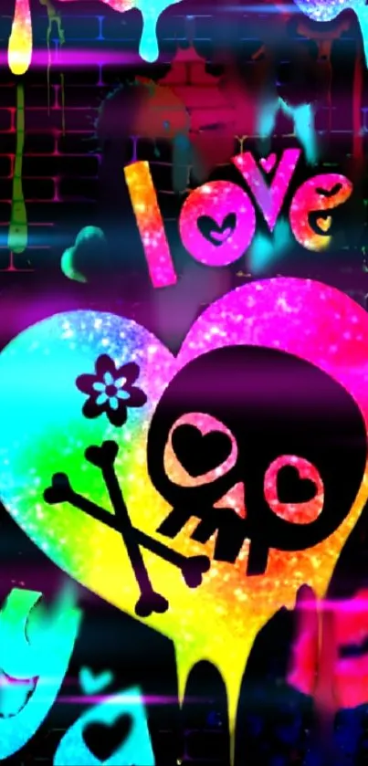 Colorful skull and heart graffiti wallpaper with vibrant design.