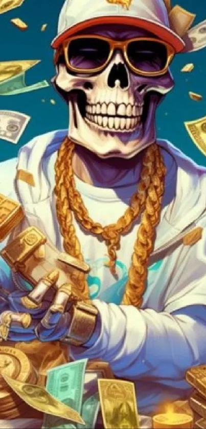 Hip hop skull with gold chains and flying money, vibrant wallpaper art.