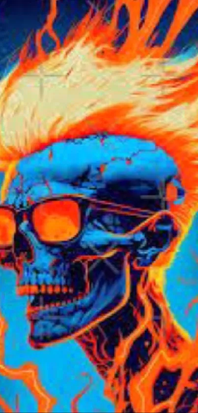 Bright blue skull with fiery orange flames on a mobile wallpaper.