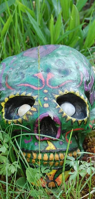 Vibrant artistic skull against green background in nature.