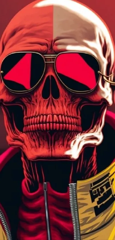 Neon skull in a yellow jacket with sunglasses on red background.