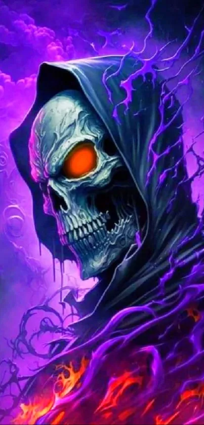 A vibrant mobile wallpaper with a purple skull and flaming colors.