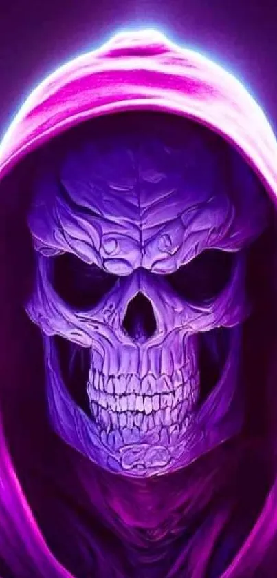 Vibrant skull with purple hood mobile wallpaper.