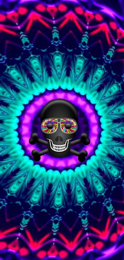 Colorful skull kaleidoscope wallpaper with vibrant patterns.