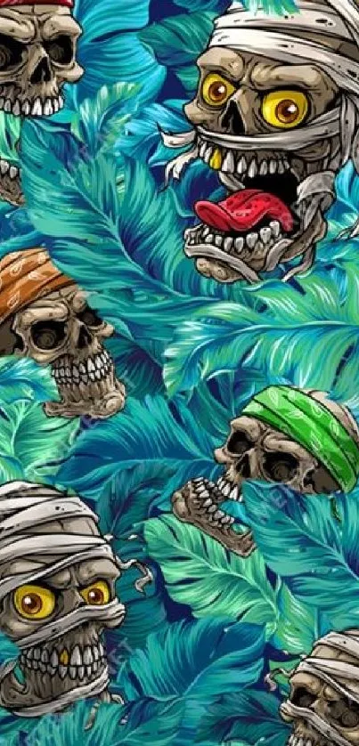 Colorful skulls with leaves wallpaper design.