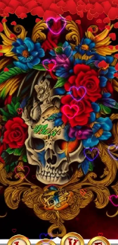 Colorful skull surrounded by roses and love hearts on a mobile wallpaper.