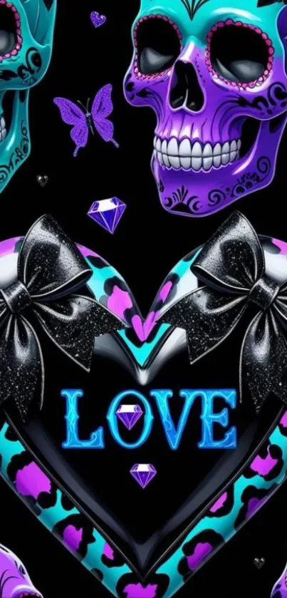 Colorful skull love theme with butterflies.