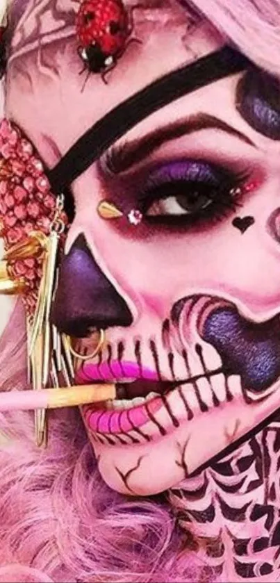 Intricate skull makeup with pink hues and ladybugs on a woman's face.