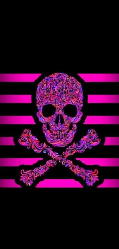 Neon pink skull with floral patterns on striped black background.