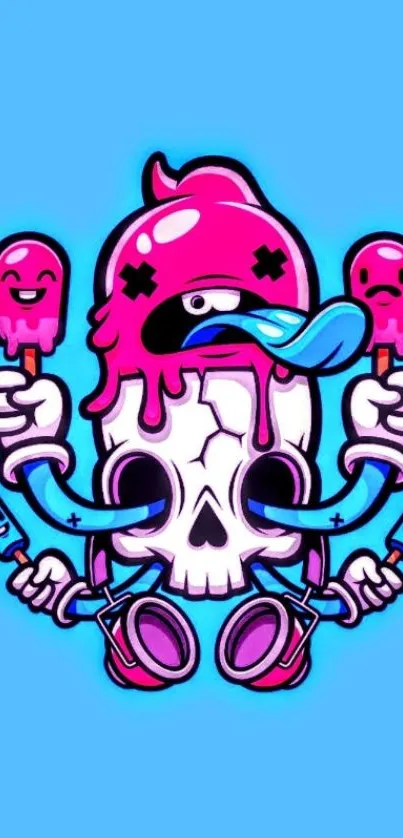 Colorful skull wallpaper with bright popsicles on sky blue background.