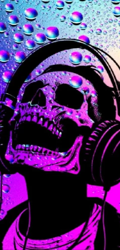 Skull wearing headphones with neon pink and blue colors on mobile wallpaper.