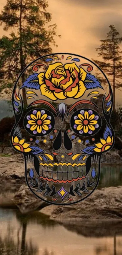 Psychedelic skull with nature background, vibrant and colorful mobile wallpaper.