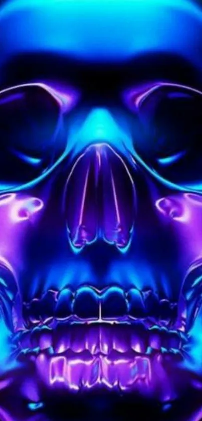 Vibrant neon skull with blue and purple hues on a dark background.