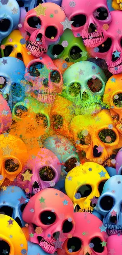 Vibrant multicolored skull pattern wallpaper.