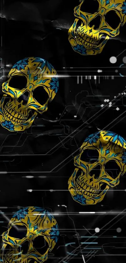 Vibrant skulls on a black mobile wallpaper with yellow and blue highlights.