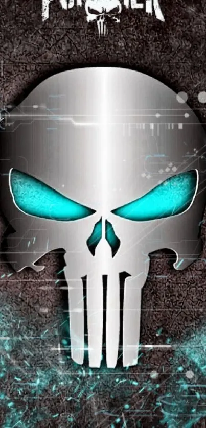 Striking skull design with blue eyes on a dark background.