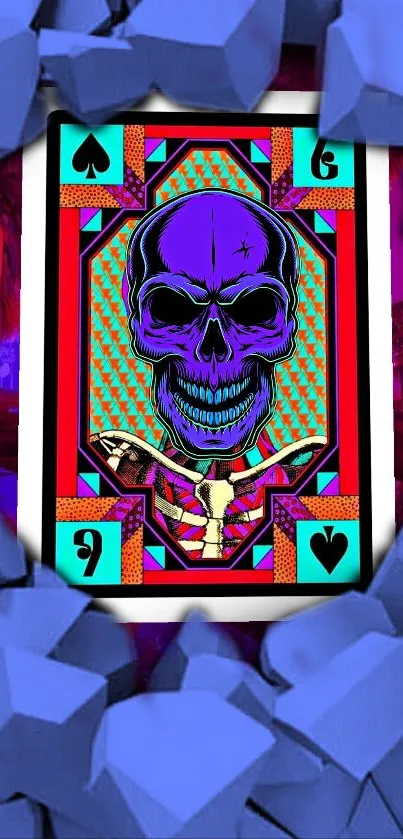 Vibrant skull design on a card with neon blue and purple colors.