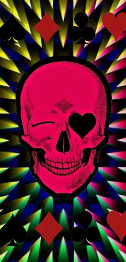 Colorful skull and playing card wallpaper with neon patterns.