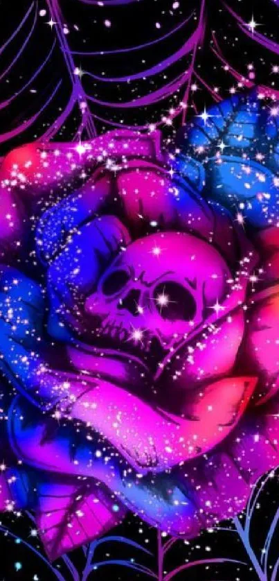 Colorful skull rose on spider web background.