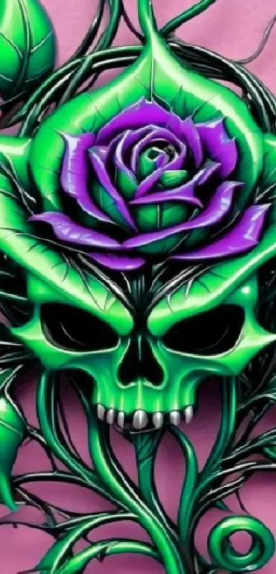 Green skull with purple rose on a pink background.