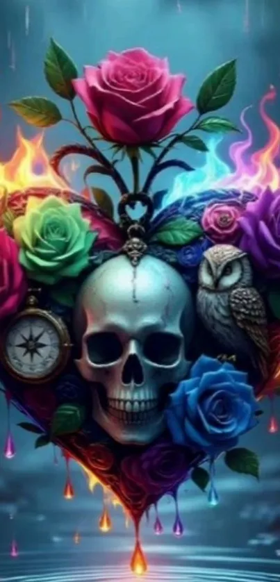 Heart-shaped skull with colorful roses and flames.