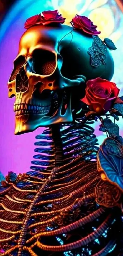 Skull art with roses in a vibrant, colorful design for mobile wallpaper.