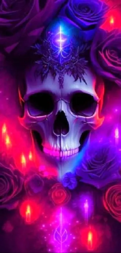 Colorful skull with roses and neon lights wallpaper.