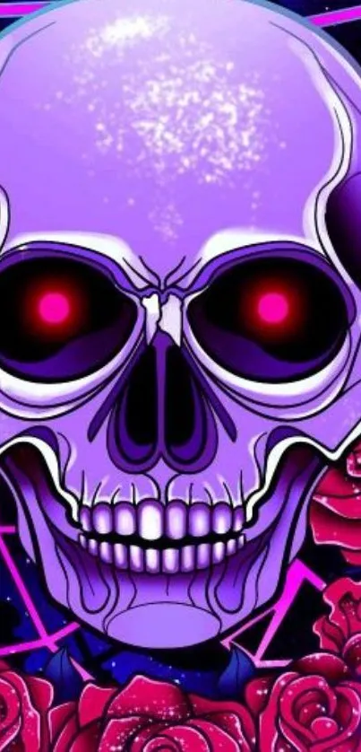 Purple skull and red roses on a vivid mobile wallpaper.