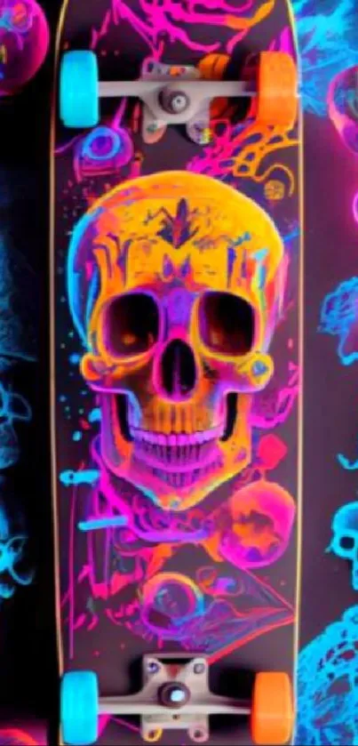 Neon skull skateboard art with vibrant colors.