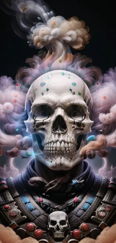 Artistic skull with swirling smoke and vibrant colors on mobile wallpaper.