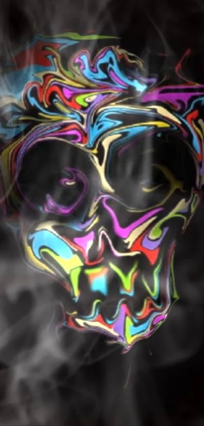 Colorful skull with smoke effect on black background.