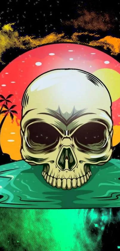 Illustrated skull under vibrant sunset with palm trees.