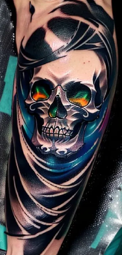 Vibrant skull tattoo design on a forearm with colorful details.