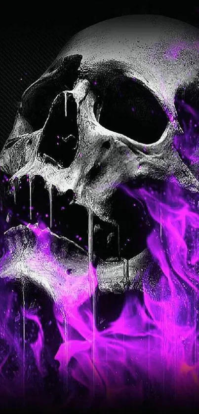 Skull with purple flames in dark background wallpaper.