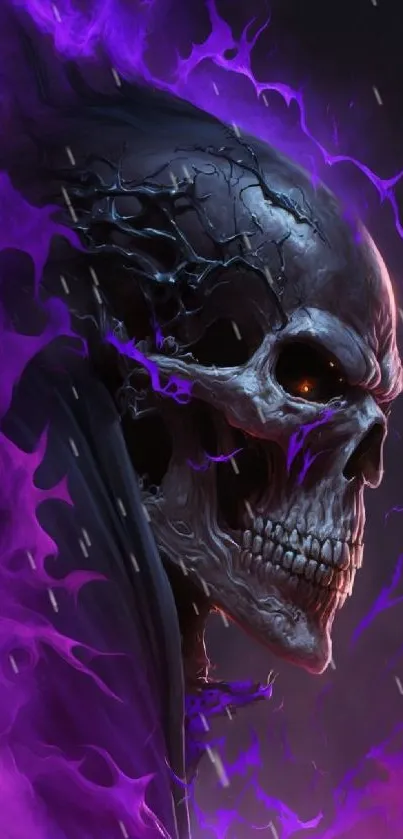 Detailed skull with vivid purple flames mobile wallpaper.