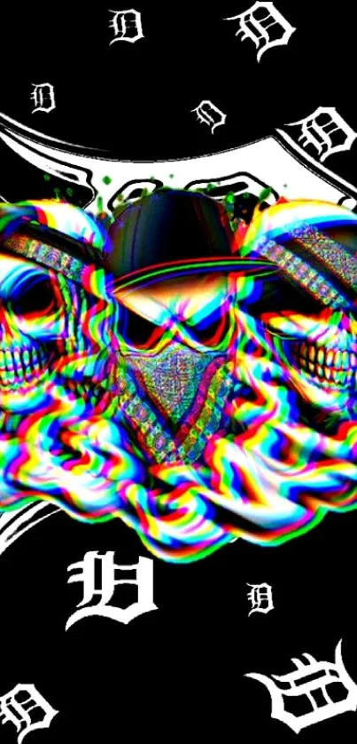 Vibrant skulls with colorful glitch effects on a black background.