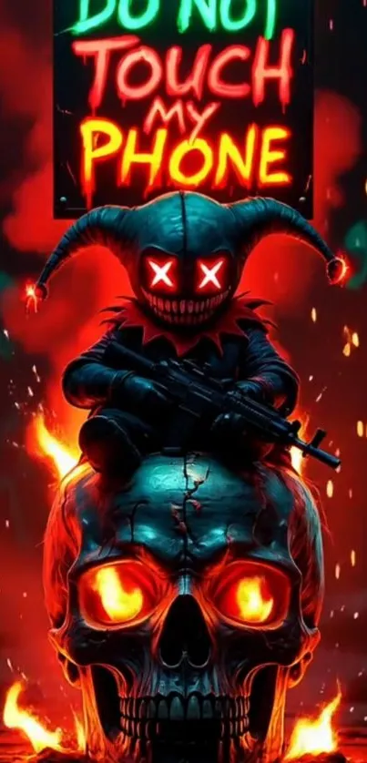 Fiery skull with neon 'Do Not Touch' sign.