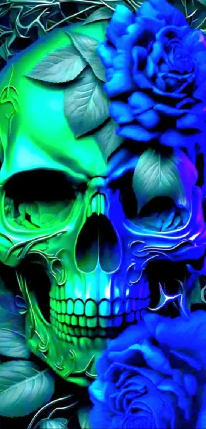 Neon green skull with blue roses wallpaper art.